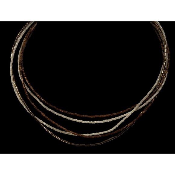 NY Earthy Glass Beaded Brown And White Layered Necklace - Picture 4 of 6